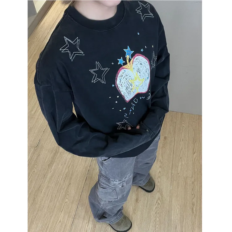 【星星苹果】街头美式休闲印花重磅宽松男女长袖打底T恤卫衣小众