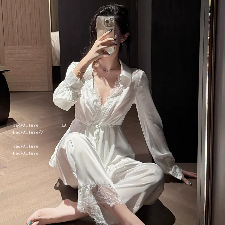 春秋季高级缎面冰雪丝睡衣女家居服纯欲气质长袖长裤两件套装夏款