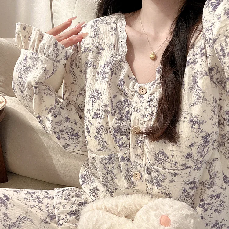 国风晕染水墨画睡衣女生春秋季泡泡棉长袖高级感薄款家居服两件套