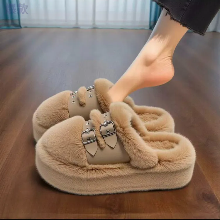 【兔毛绒】7cm包头毛毛拖鞋外穿新款厚底增高小个子秋冬茸茸棉拖鞋