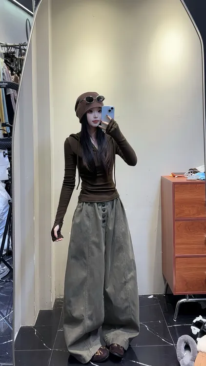 2025秋季新款韩系老钱风连帽设计感打底上衣休闲宽松阔腿裤两件套