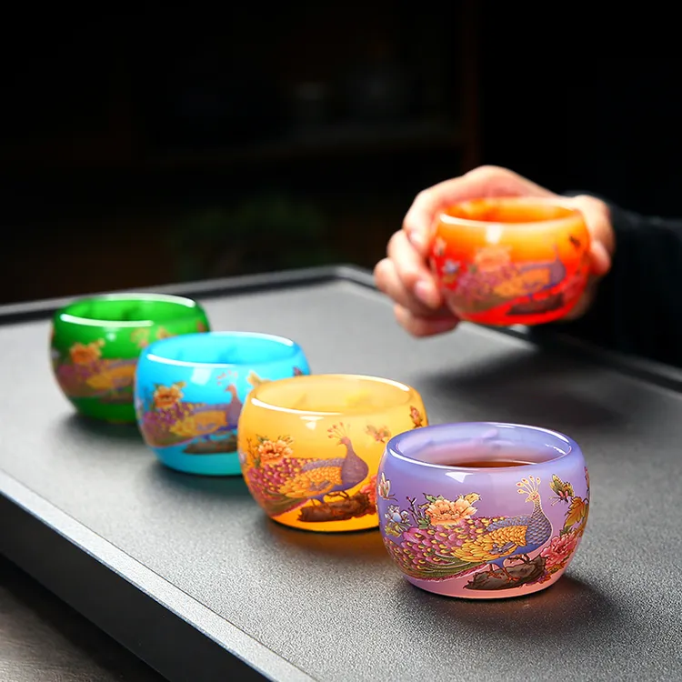 高档手工琉璃夜光茶杯冰种琉璃茶杯送礼盒孔雀开屏喜上眉梢造型