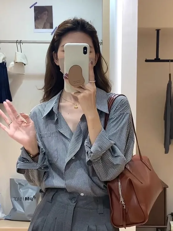 法式撞色条纹polo领翻领衬衫女春秋季外搭高级感小衫独特别致上衣