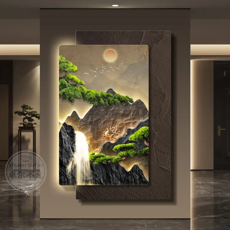 轻奢山水玄关装饰画流水生财客厅背景墙挂画高级感走廊尽头壁灯画