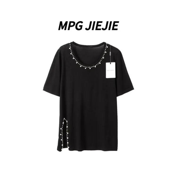 MPG JIEJIE【俏丽佳人】大码正肩钉珠开叉针织上衣
