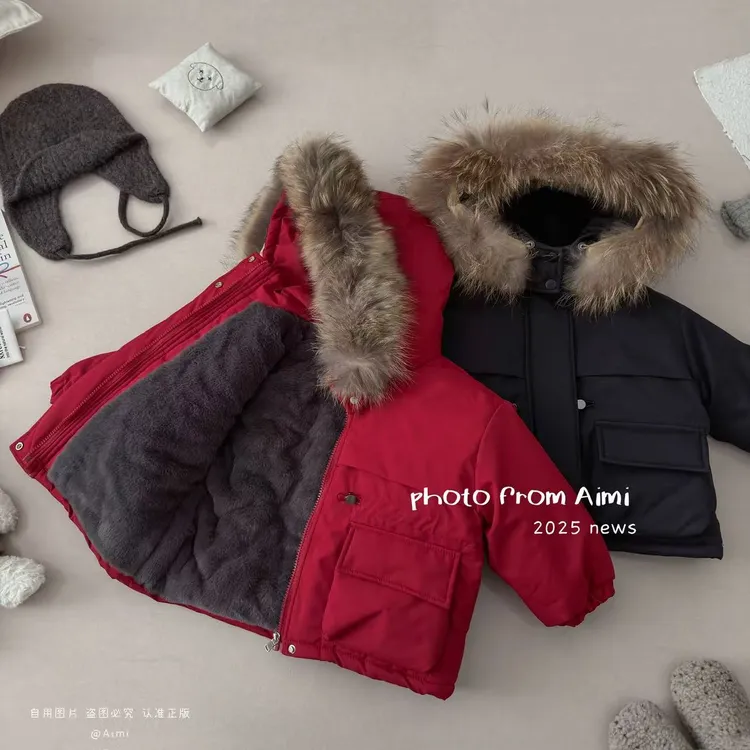 儿童冬款加绒加厚棉服男女童过年穿棉袄时髦韩版百搭毛领上衣年服