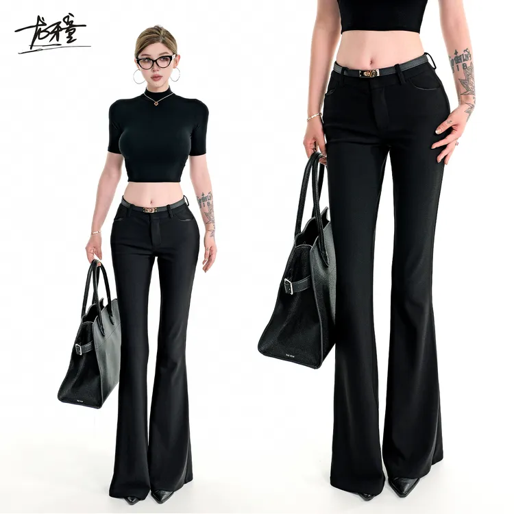 龙牙童推荐【西裤精英】显瘦低腰黑色长裤女士美式直筒休闲裤微喇叭