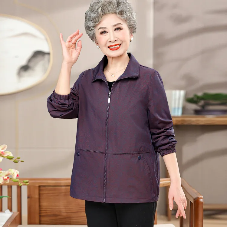 妈妈春装薄款风衣外套老年人春秋季女短款夹克老太太衣服奶奶上衣