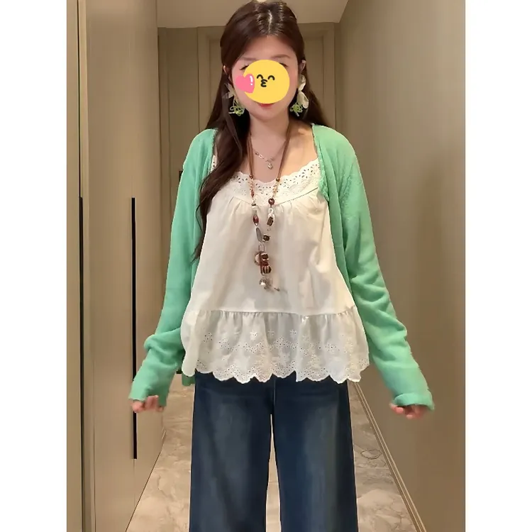 秋季新款韩版百搭显瘦温柔风开衫毛针织单排扣长袖上衣吊带两件套