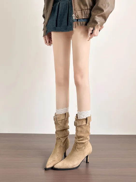 自留~6cm尖头褶皱堆堆靴女秋冬皮带扣复古细高跟短靴显瘦中筒靴