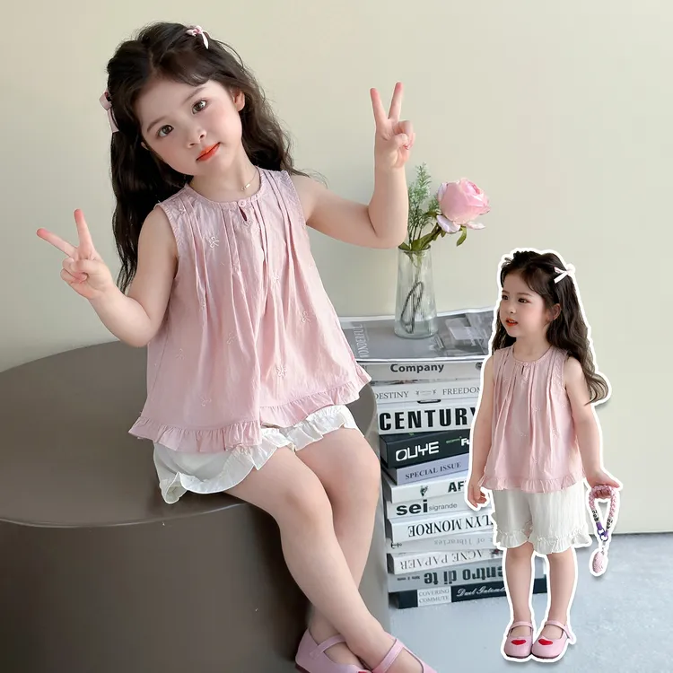 女童夏季套装2025新款韩版蝴蝶结刺绣薄款纯色无袖两件套夏装韩系