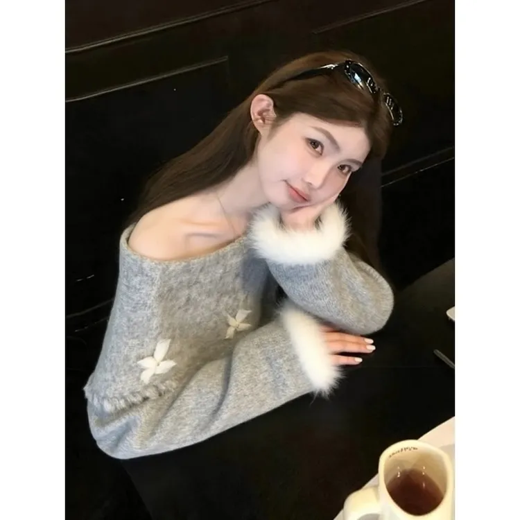 韩系氛围感宽松慵懒风百搭上衣高级感灰色蝴蝶结一字肩毛衣女秋冬