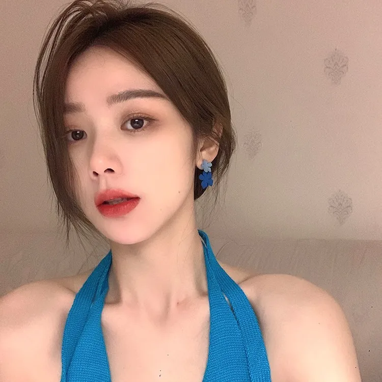  蒲恋夏季蓝色花朵耳环气质高级大气耳夹无耳洞女