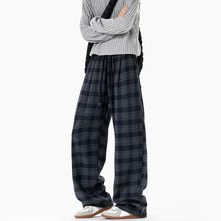 藏青色毛呢格子裤男秋季新款美式阔腿长裤vintage宽松直筒休闲裤