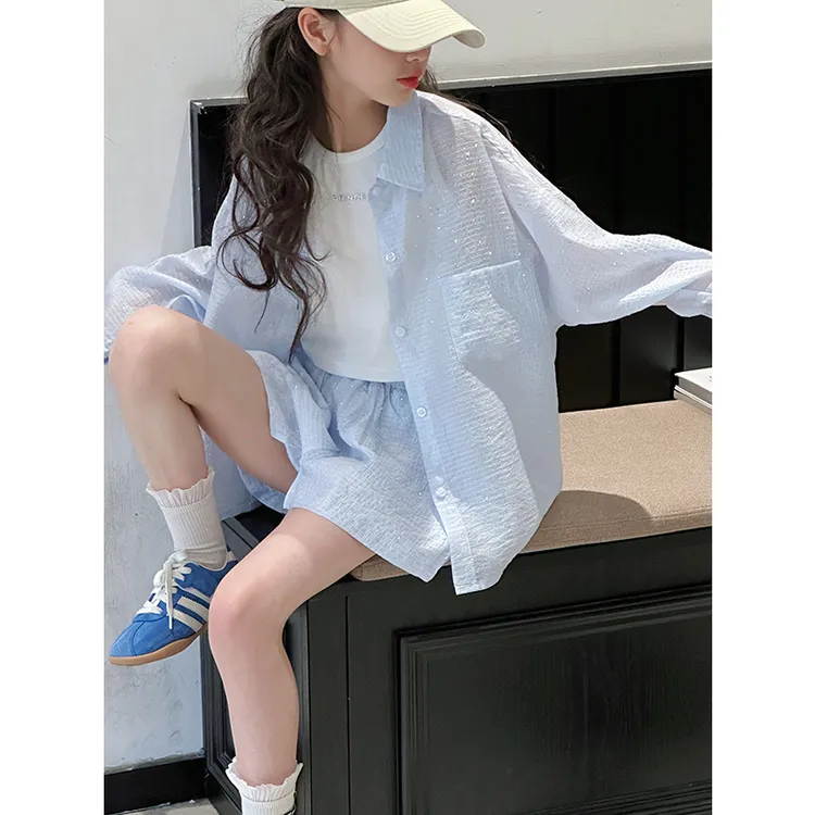 K28988烫钻女童防晒衬衫套装2025新款夏装儿童洋气女大童两件套薄