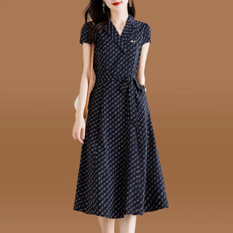 收腰女装显瘦中年时尚十三行纱料正式场合感轻奢连衣裙女夏贵v领