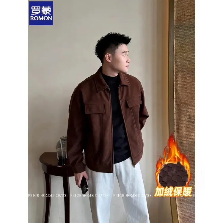罗蒙冬季『法尼奥绒』绒面质感复古免烫翻领麂皮绒潮流棉服保暖外套