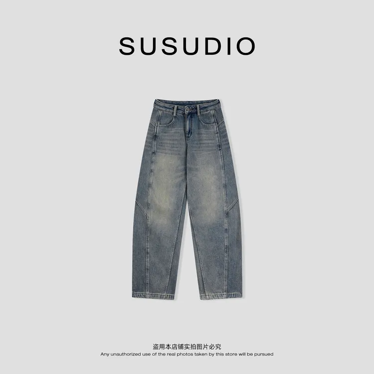  SUSUDIO 重磅美式复古洗水立裁宽松弯刀挺括加绒牛仔裤 40725