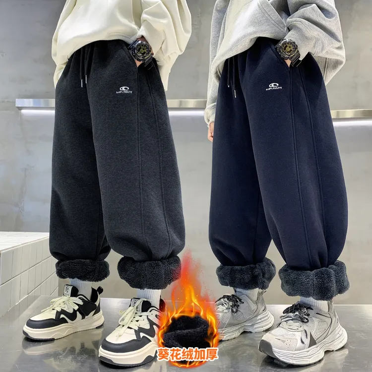 男童加绒加厚运动卫裤2025新款中大童儿童一体绒羊驼绒宽松保暖裤