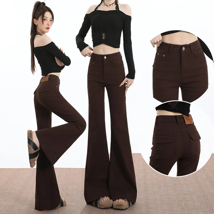 蜜蜜穿搭加绒加厚咖色老钱风微喇牛仔裤女2025冬修身卡其色喇叭裤