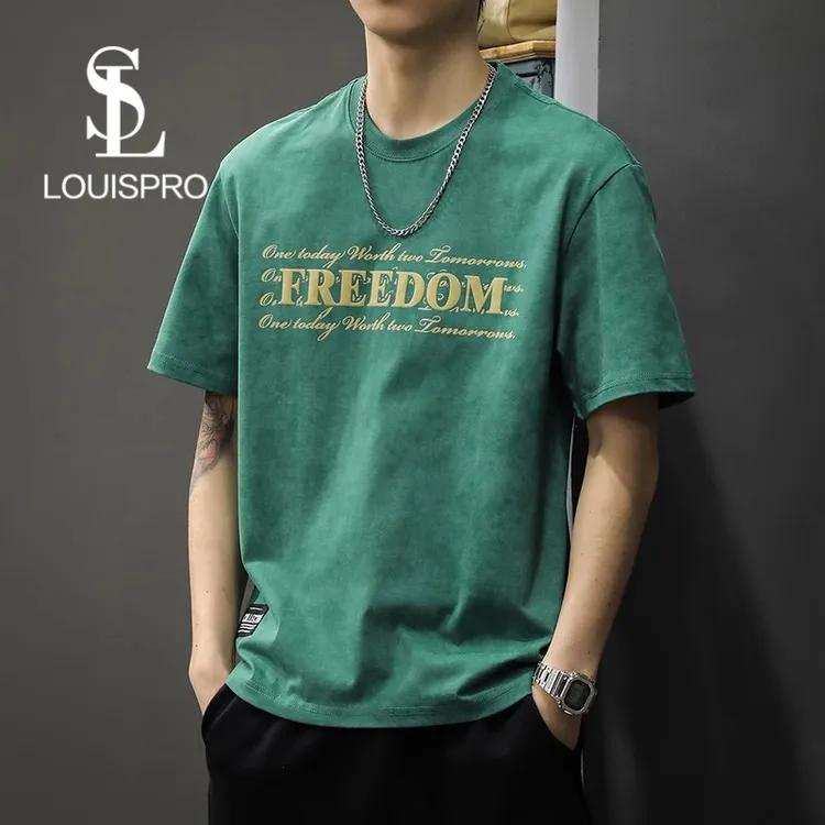 Louispro美式复古圆领纯棉ins短袖T恤男大码夏季薄款T恤
