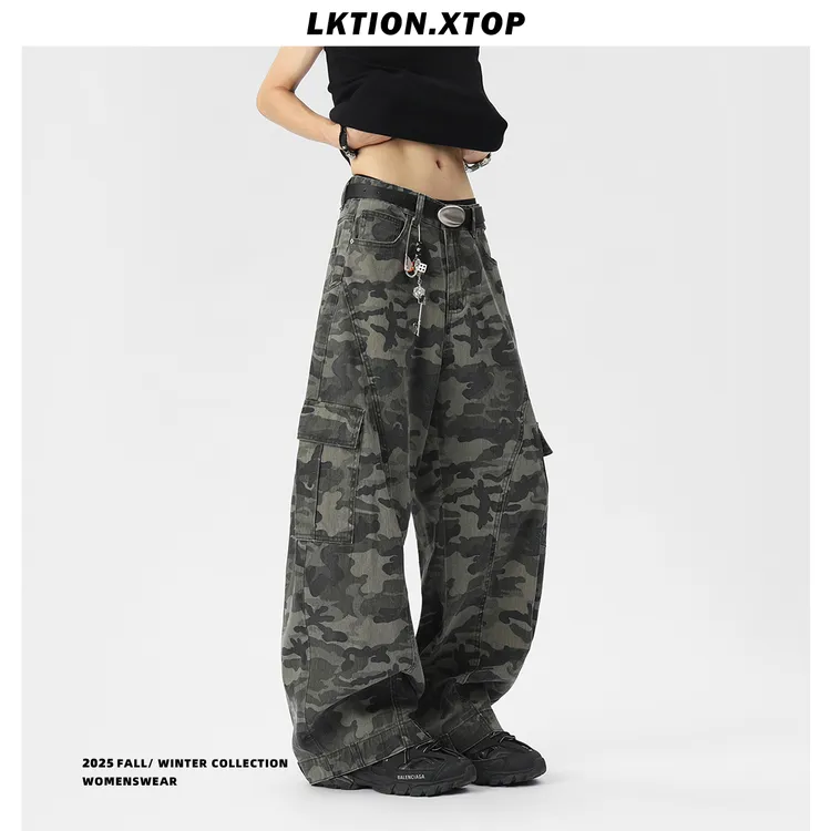 LK正品 美式大口袋迷彩工装裤子复古潮牌宽松直筒纯棉中性休闲裤