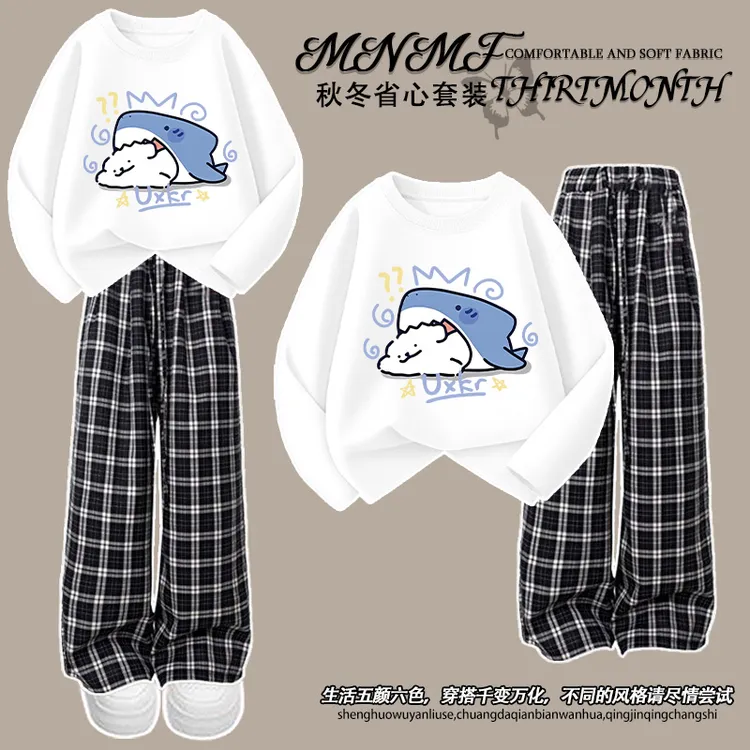 秋季男女童卡通韩版鲨鱼小狗长袖t恤格子裤套装中大童百搭两件套