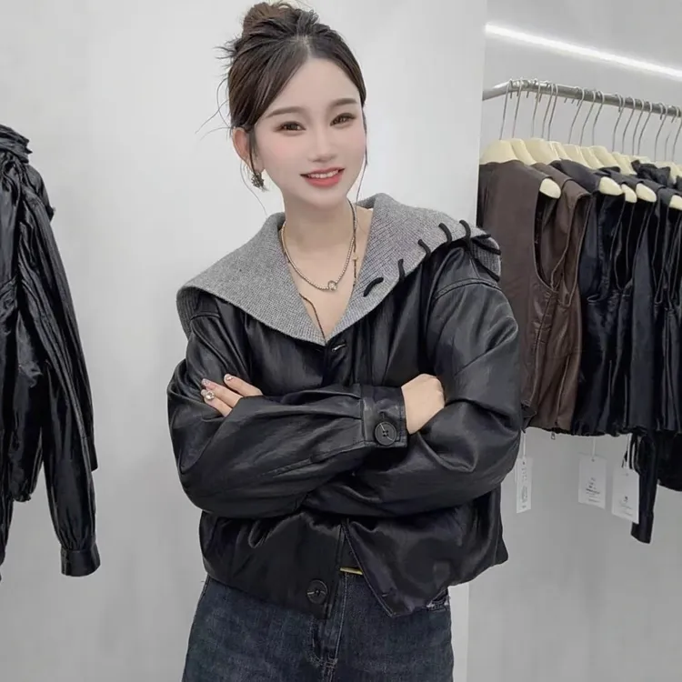秋季韩版时尚百搭短款海军领休闲秋冬显瘦气质女皮衣夹克外套