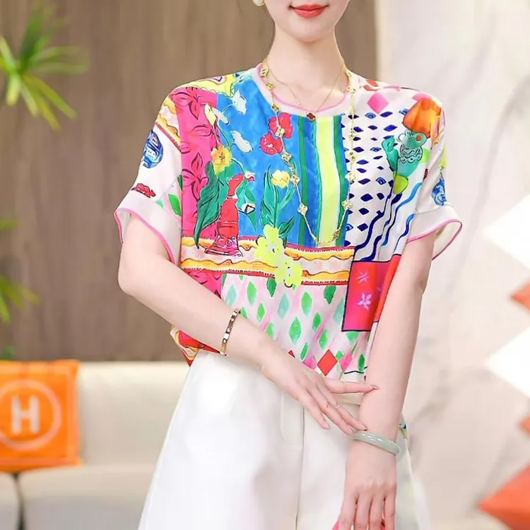 妈妈装印花短袖T恤女夏季新款2025小众洋气减龄通勤夏装女士上衣