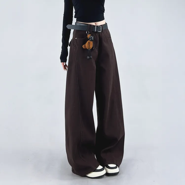 复古咖色加绒阔腿牛仔裤女2025秋冬新款设计感高腰宽松显瘦直筒裤