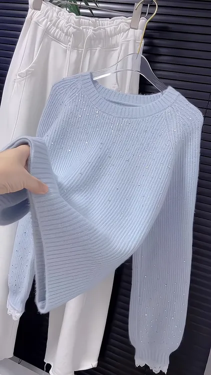 韩系时尚减龄亮钻针织衫秋冬流行穿搭新款2025年拼接蕾丝圆领毛衣