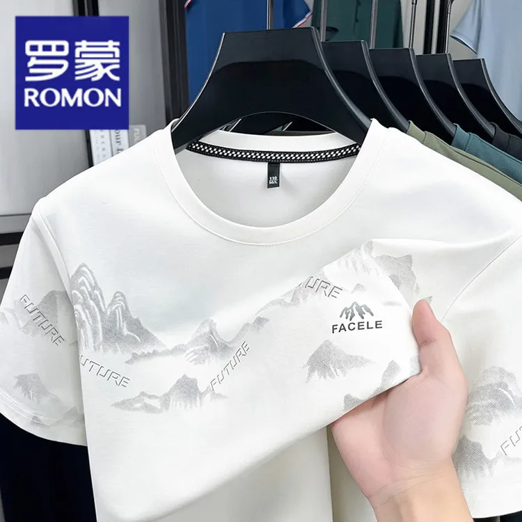 Romon/罗蒙潮流韩版ins圆领白色夏季修身T恤印花短袖基础大众上衣