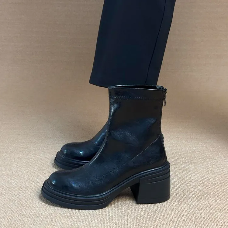 牛皮版~粗跟短靴女2025新款秋冬季厚底增高复古英伦风马丁靴