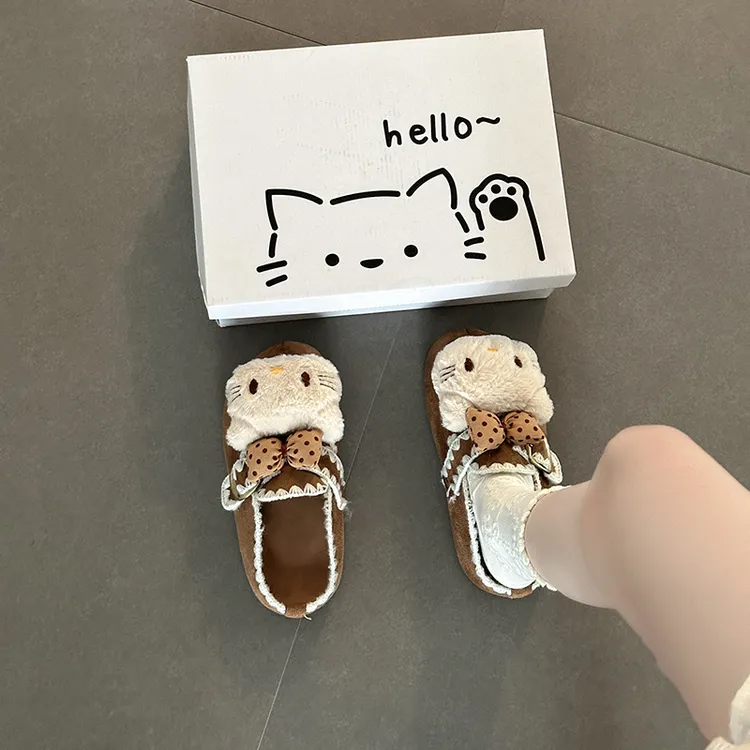 OJRZ可爱时尚甜美波点蝴蝶结KT猫毛毛拖鞋女2025春秋厚底勃肯拖鞋