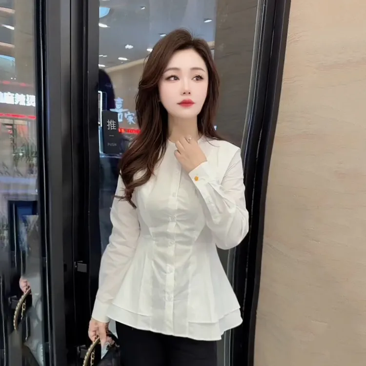欧洲站修身收腰白色衬衫女冬季新款韩版时尚气质百搭圆领长袖上衣