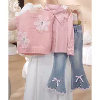 女童秋款甜美可爱套装2025洋气针织马甲衬衫碎花微喇牛仔裤三件套