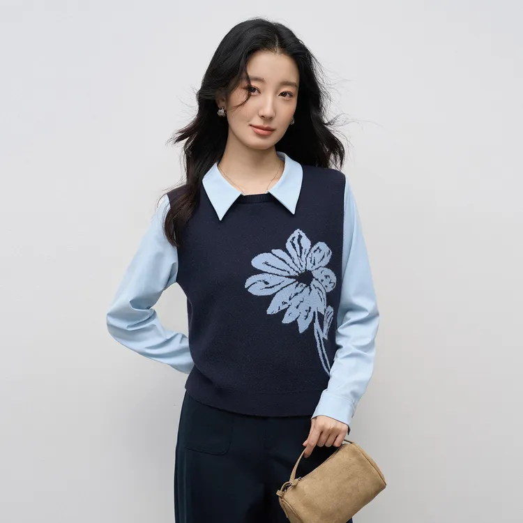 江洲【勿忘蔷薇】秋冬新款时髦感提花拼接假两件内外叠穿通勤羊毛衫