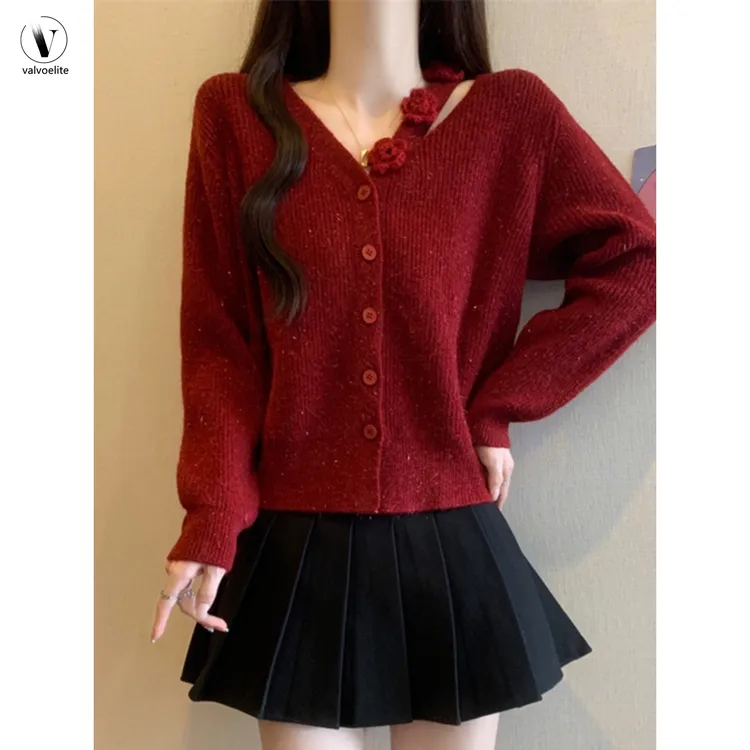 VALVOELITE立体花朵红色毛衣女士冬百搭上衣显瘦短款针织开衫复古