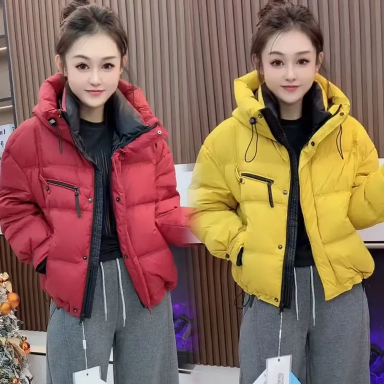 新年红撞色时尚羽绒服短款2025加厚冬季宽松新款韩版鸭绒面包外套