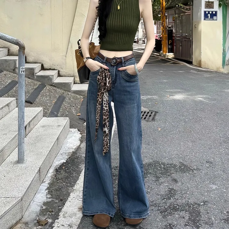 2025爆款超火裤子女秋季高腰宽松显瘦直筒梨形身材阔腿微喇牛仔裤