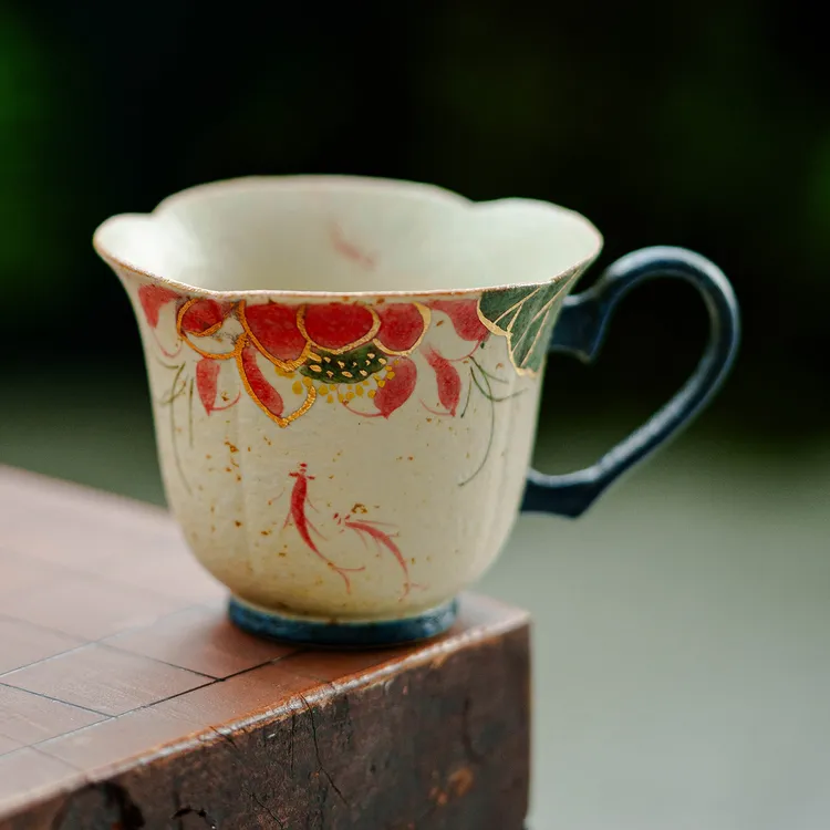 青花火石红茶杯家用高档喝水杯子锦鲤戏荷陶瓷茶具精致咖啡杯单杯