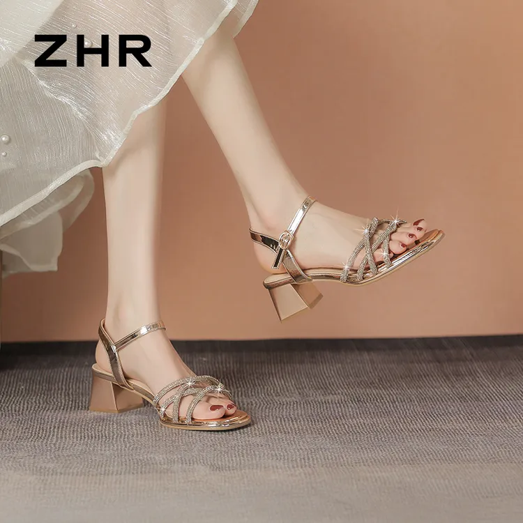 ZHR/则则水钻粗跟凉鞋女新款夏季外穿百搭中跟仙女风配裙子情人节