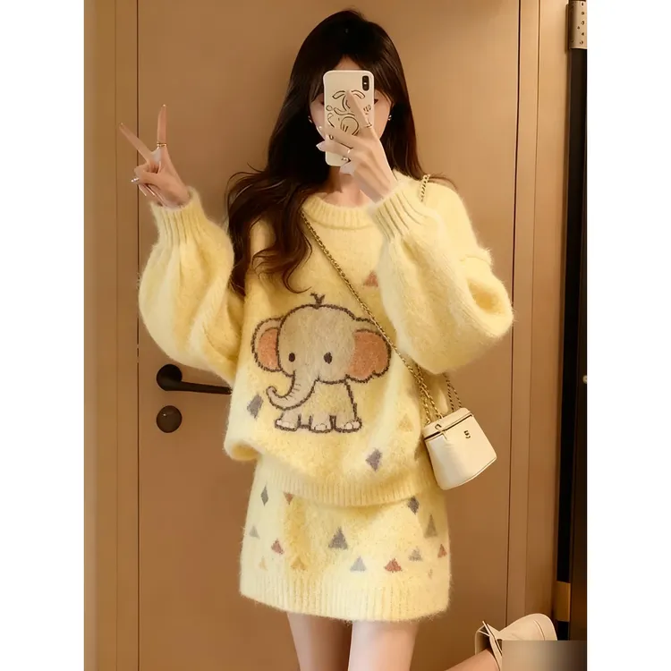 甜美可爱风卡通小象针织套装女秋冬减龄显瘦大码套装甜美风秋冬季