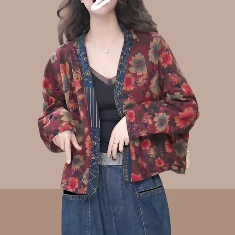 复古民族风洋气长袖开衫外套女春秋新款大码宽松文艺显瘦印花上衣