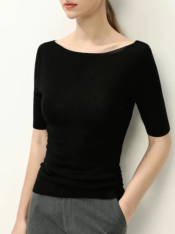 ROUHAN夏季一字领短袖针织衫BIELLA100%绵羊毛纯色修身中袖打底衫