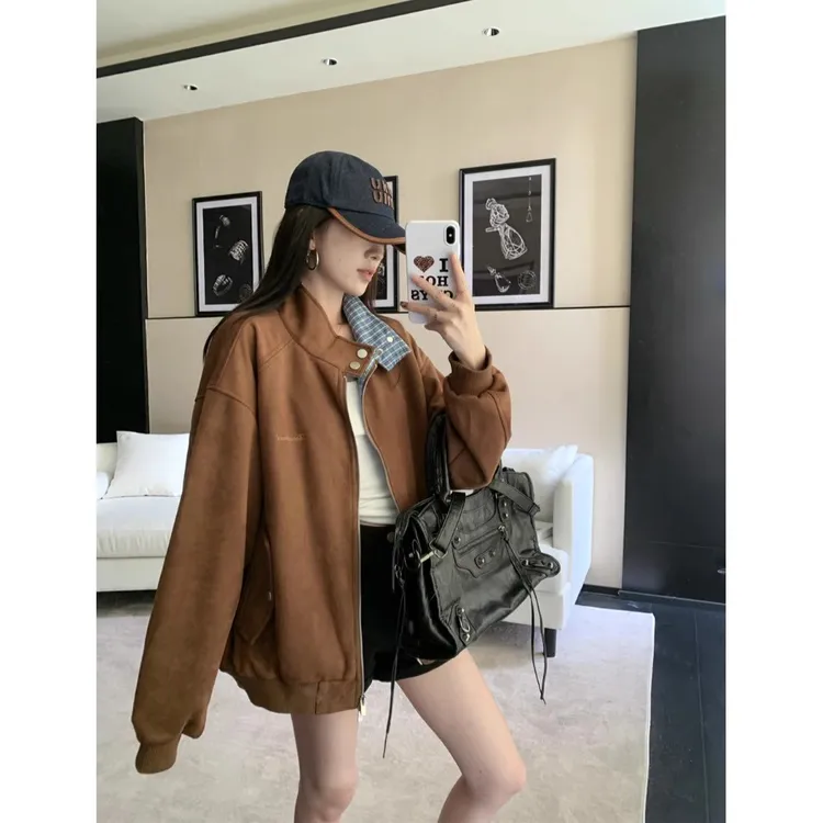 韩系复古休闲风短外套女秋季2025新款格子拼接棒球服百搭夹克上衣