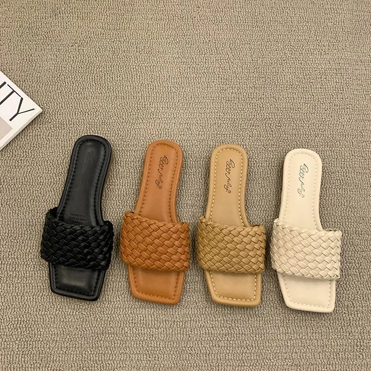 UHCK小众高级感凉拖鞋子女夏季外穿新款气质平底编织外出沙滩一字