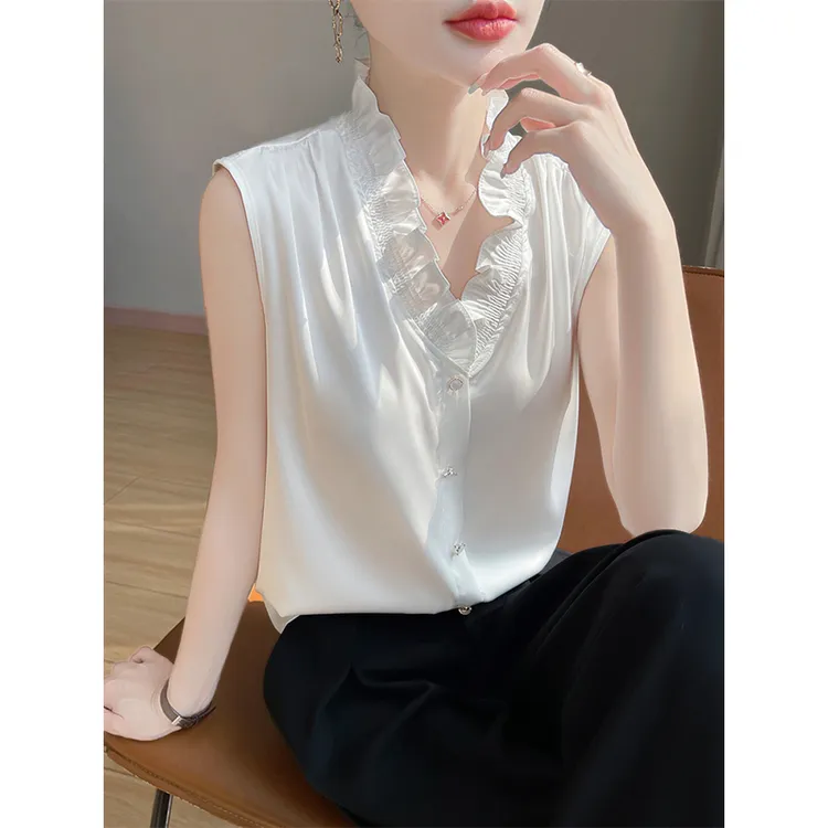法式气质轻职风荷叶边V领百搭无袖T恤背心女赫本风洋气缎面衬衫