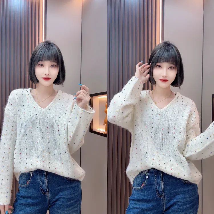 敏宝儿➕彩色点点针织长袖V领通勤风毛针织衫毛衣时尚宽松气质