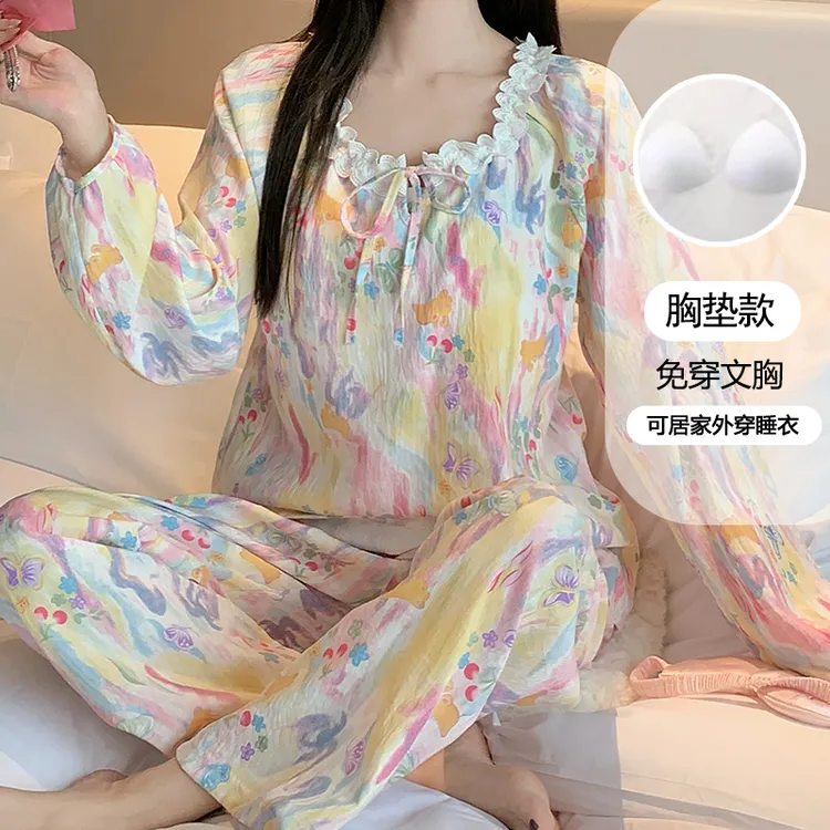 【星】带胸垫可外穿长袖睡衣女春秋季ins风家居服圆领套装4129